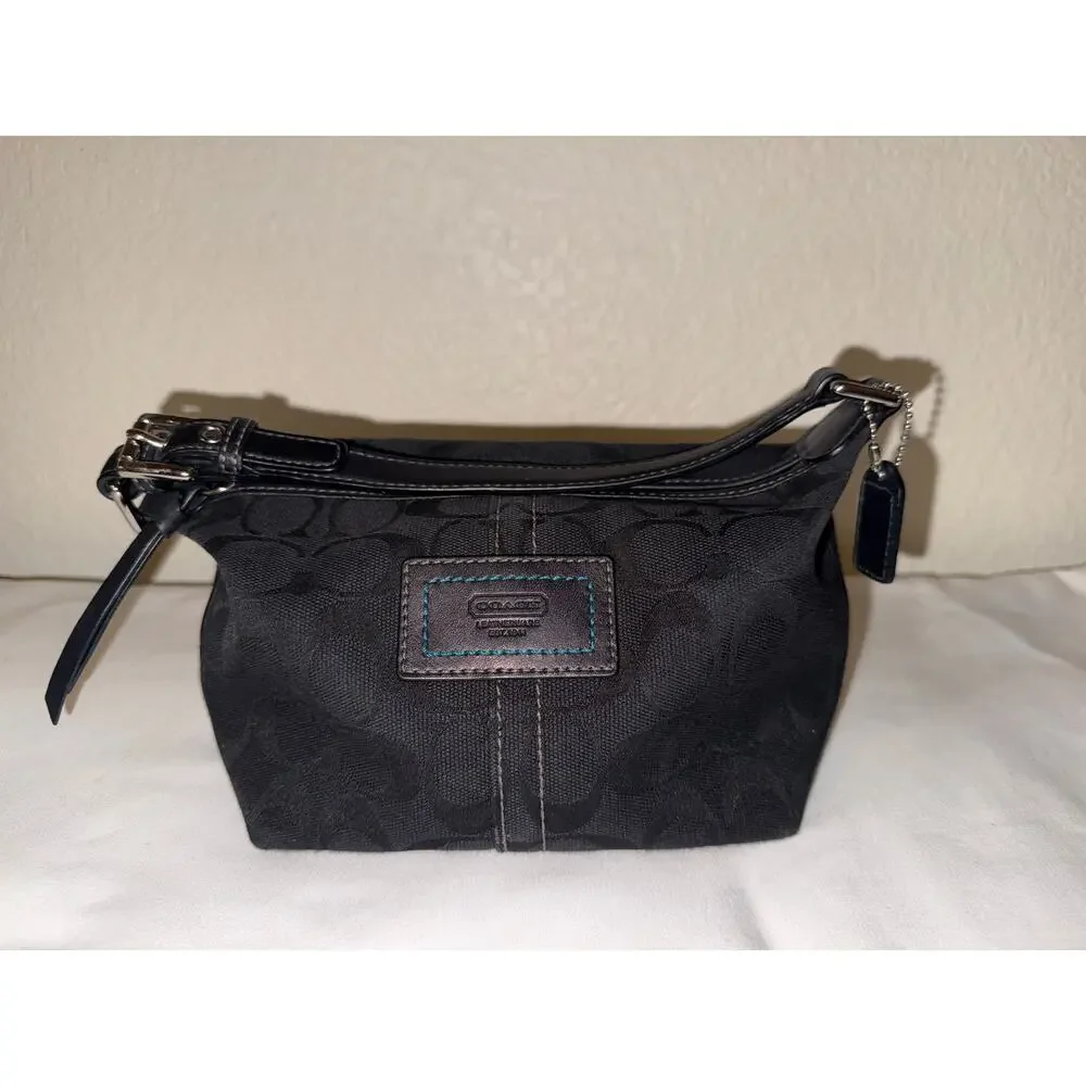 COACH Vintage Black Signature Carly Mini Hobo Baguette Blue Stitch Accent